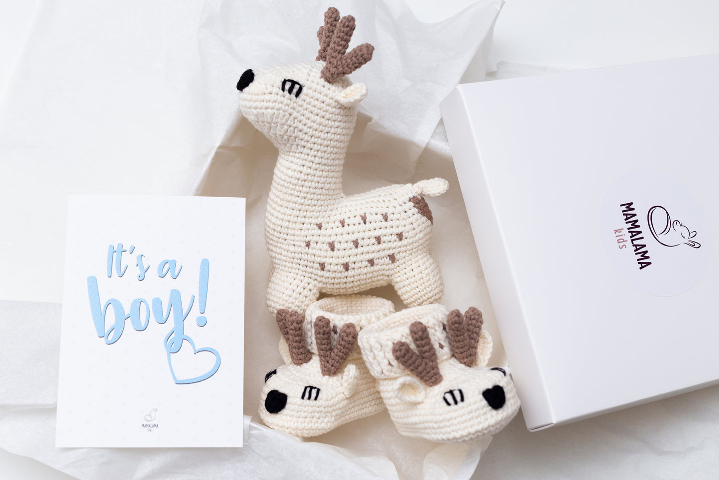 It's a boy deer booties baby gift box Cream