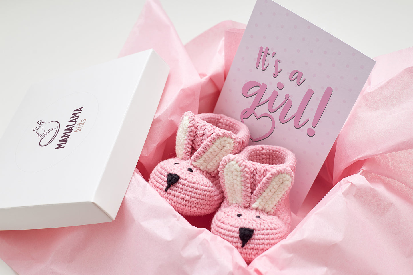 It's a girl bunny booties baby gift box Pink
