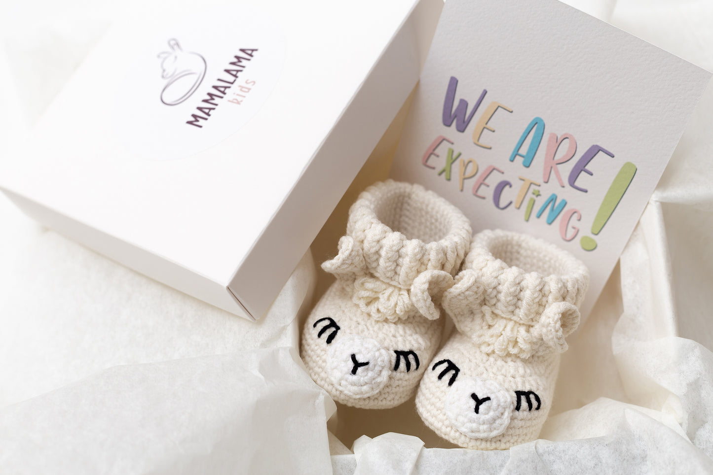 Pregnancy announcement llama booties gift box Off white