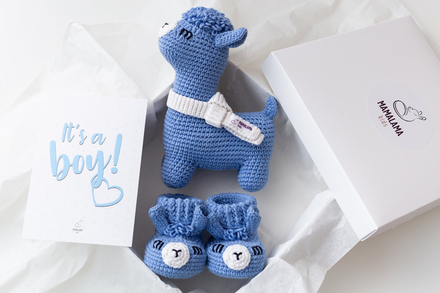 It's a boy llama booties baby gift box Blue