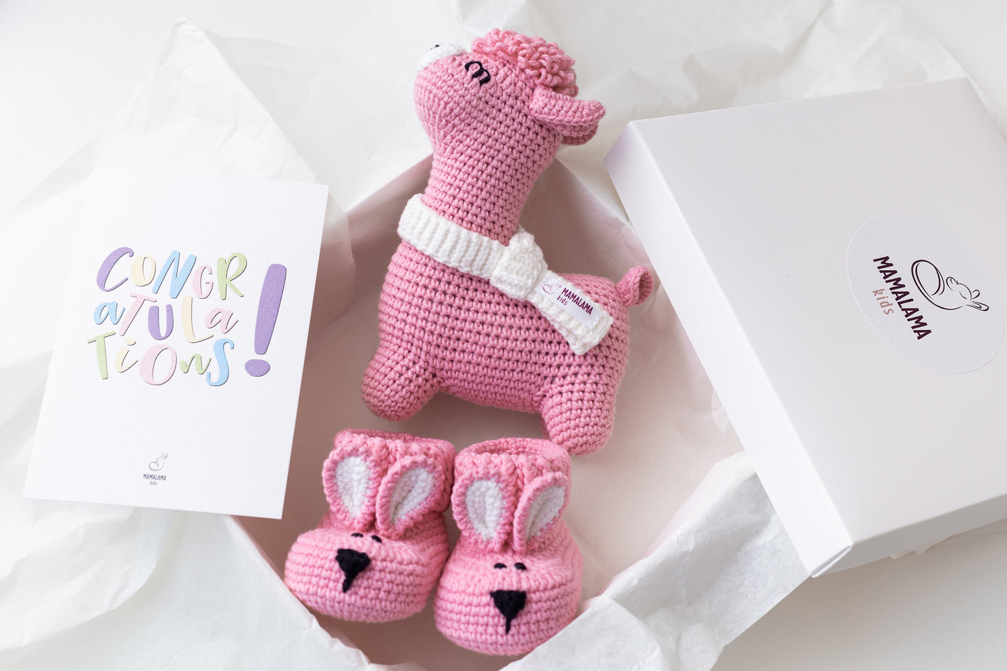 Llama toy & bunny booties gift box Pink