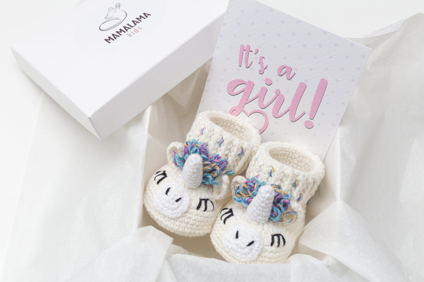 It's a girl unicorn booties baby gift box Rainbow