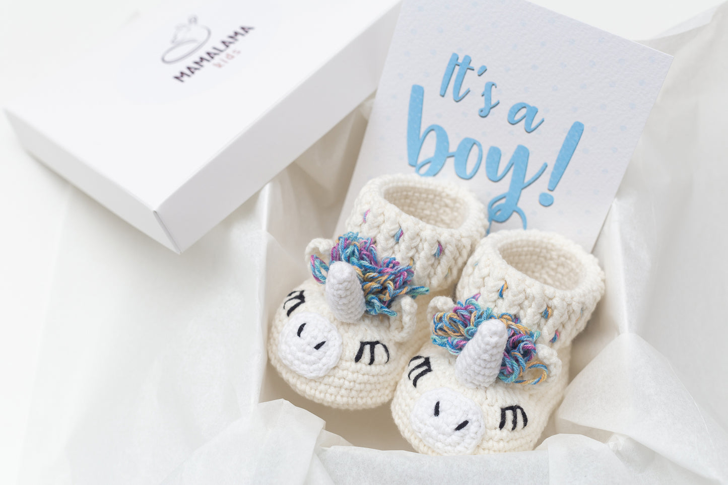 It's a boy unicorn booties baby gift box Rainbow
