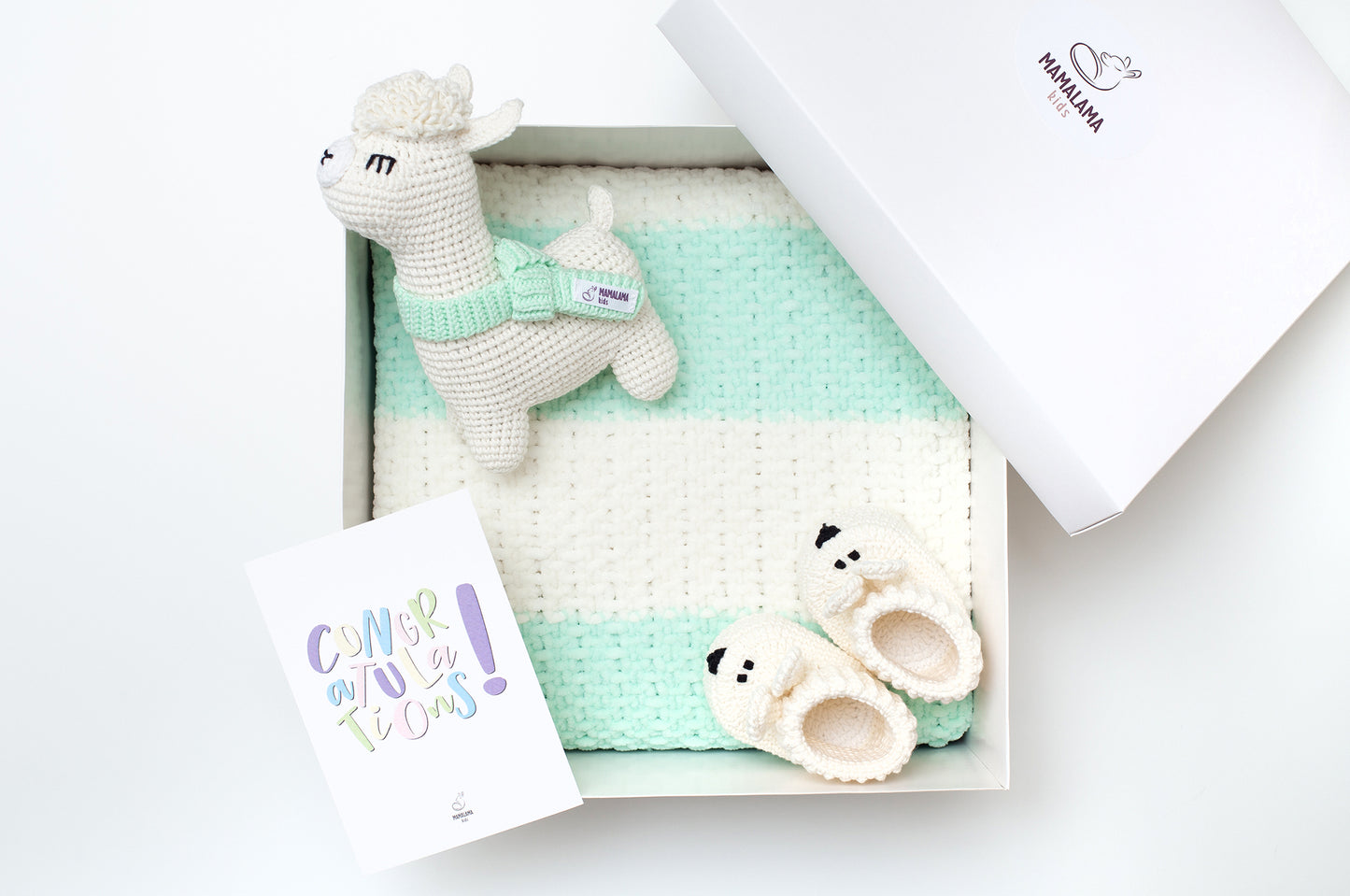 Llama toy & blanket & bunny booties gift box Green mint