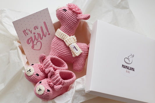 It's a Girl Llama toy & booties gift box Pink