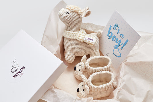 It's a Boy Llama toy & bunny booties gift box Beige