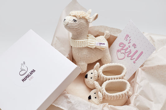 It's a Girl Llama toy & bunny booties gift box Beige