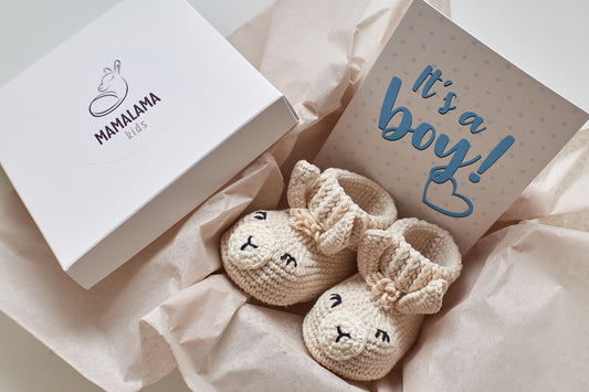 It's a Boy Llama booties gift box Blue