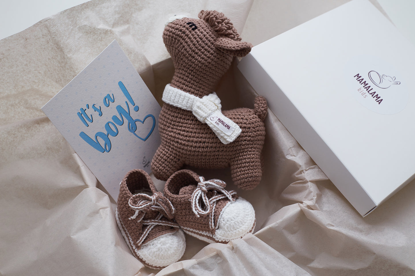 It's a Boy Llama toy & sneakers gift box Brown
