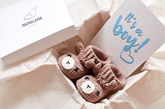 It's a Boy Llama booties gift box Brown