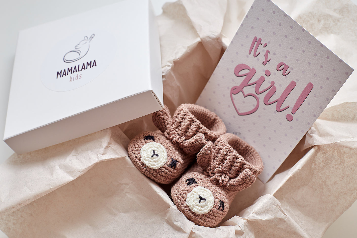 It's a Girl Llama booties gift box Brown