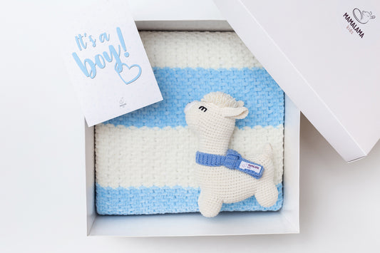 It's a Boy Llama toy & blanket gift box Blue Off white