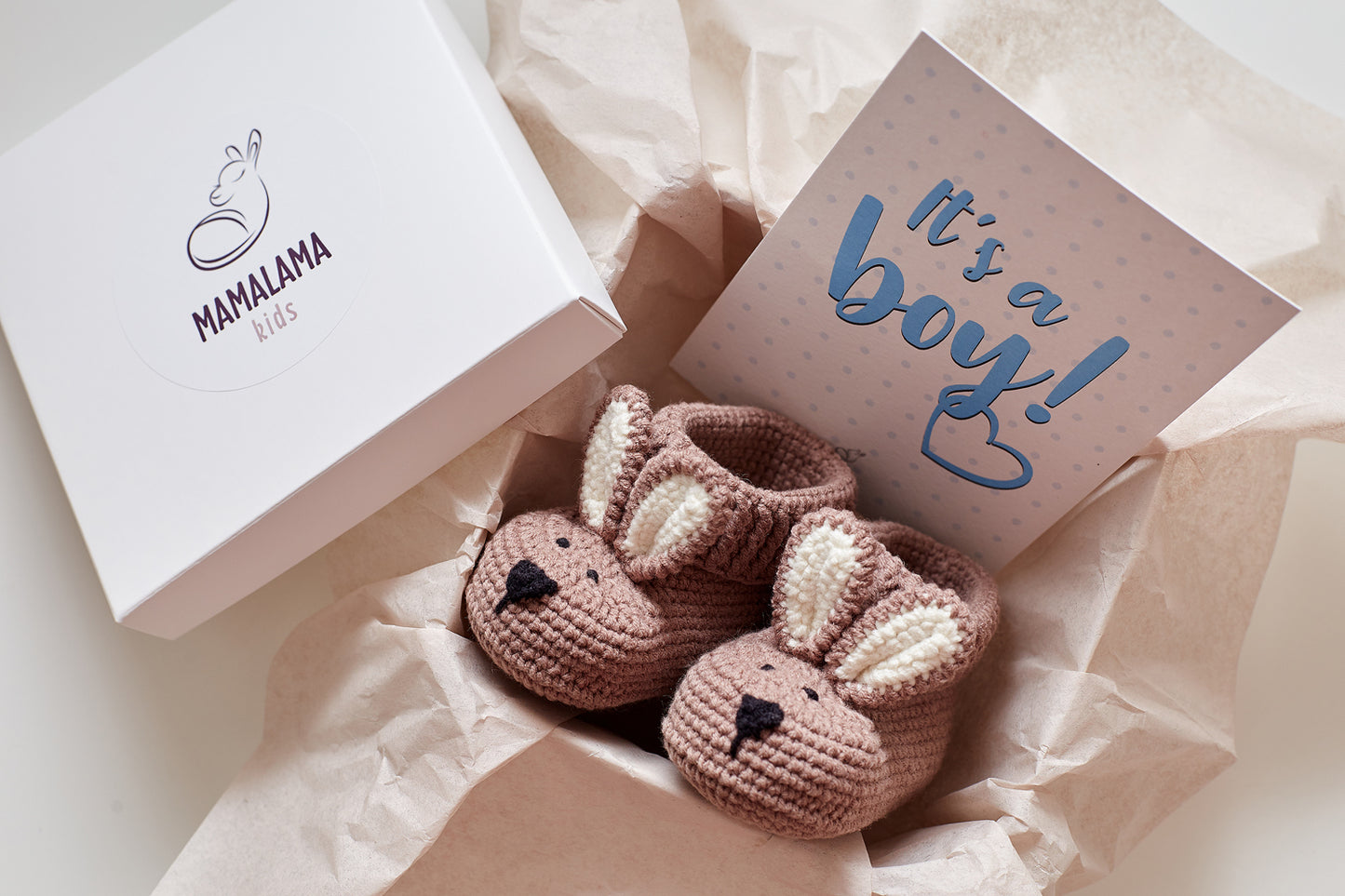 It's a Boy Bunny booties gift box Brown