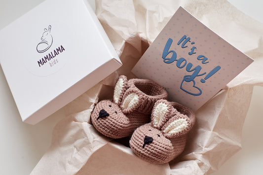 It's a Boy Bunny booties gift box Brown