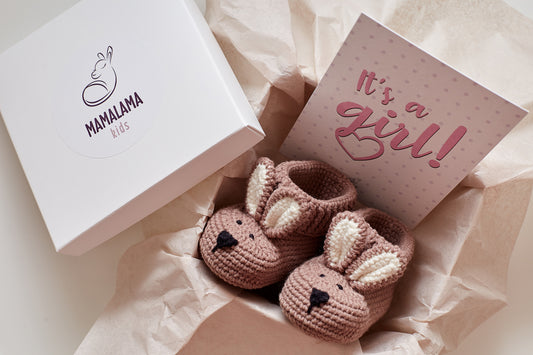 It's a Girl Bunny booties gift box Brown