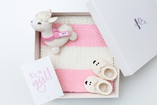 It's a Girl Llama toy & blanket & bunny booties gift box Pink