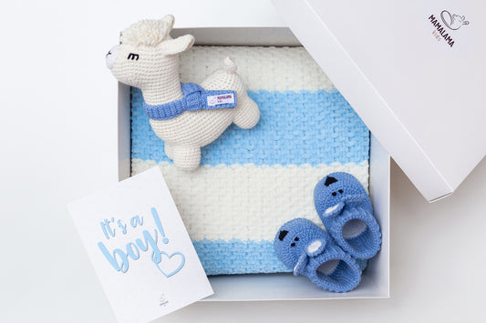 It's a Boy Llama toy & blanket & bunny booties gift box Blue