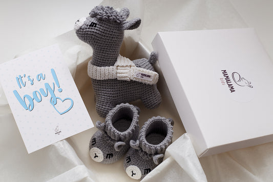 It's a Boy Llama toy & booties gift box Gray