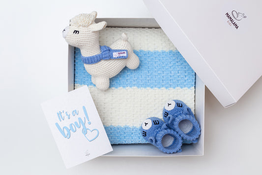 It's a Boy Llama toy & blanket & booties gift box Blue