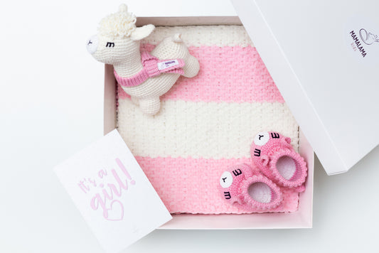 It's a Girl Llama toy & blanket & booties gift box Pink