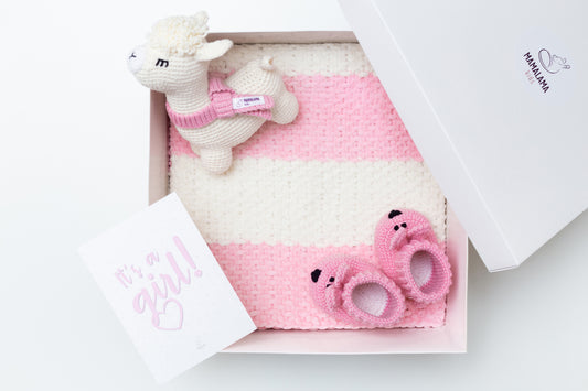 It's a Girl Llama toy & blanket & bunny booties gift box Pink