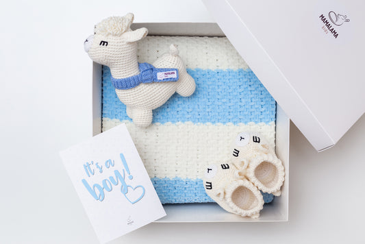It's a Boy Llama toy & blanket & booties gift box Blue