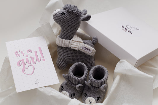 It's a Girl Llama toy & booties gift box Gray
