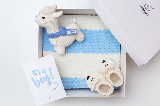 It's a Boy Llama toy & blanket & bunny booties gift box Blue