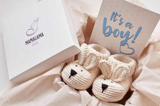 It's a Boy Bunny booties gift box Beige