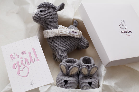 It's a Girl Llama toy & bunny booties gift box Gray