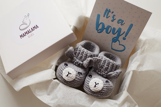 It's a Boy Llama booties gift box Gray