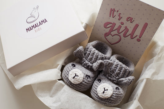 It's a Girl Llama booties gift box Gray
