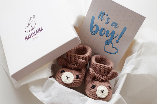It's a Boy Llama booties gift box Brown