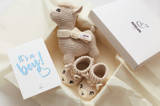 It's a Boy Llama toy & booties gift box Beige