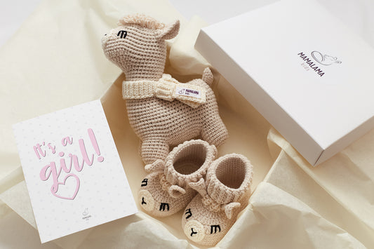 It's a Girl Llama toy & booties gift box Beige