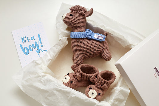 It's a Boy Llama toy & booties gift box Brown