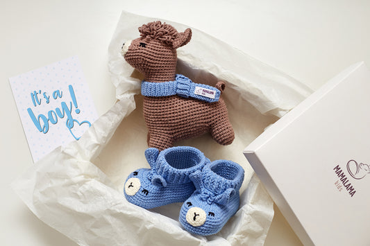 It's a Boy Llama toy & booties gift box Brown Blue