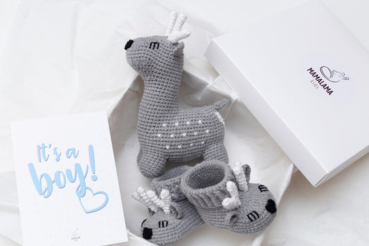 It's a Boy Deer toy & booties gift box Gray