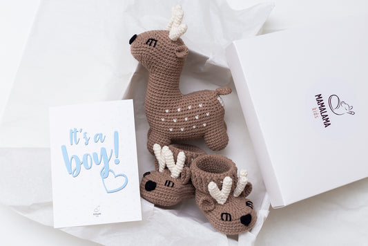 It's a Boy Deer toy & booties gift box Brown