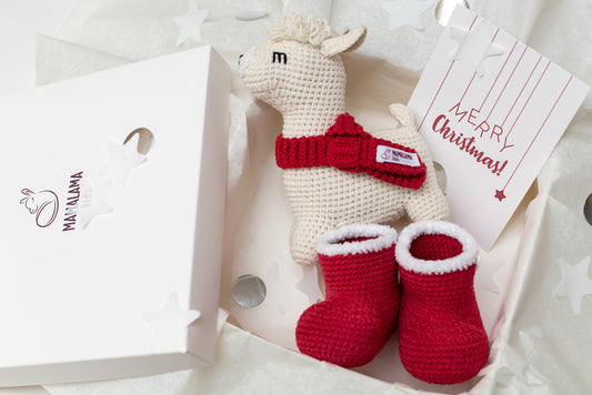 Christmas llama + baby Santa booties gift box