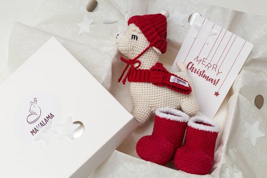 Christmas llama in a hat + baby Santa booties gift box (Copy)