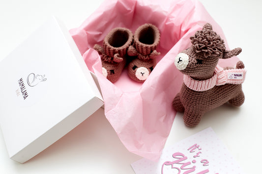 It's a Girl Llama toy & booties gift box Brown