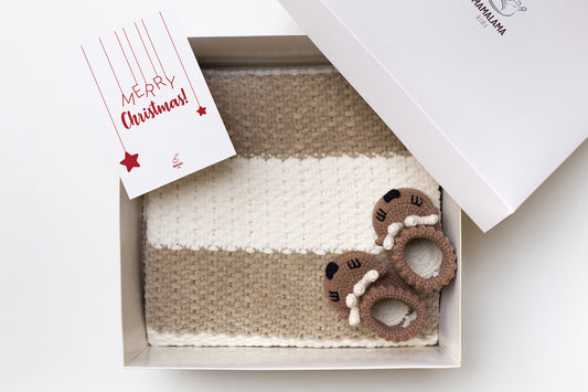 Christmas Baby blanket & deer booties gift box Brown
