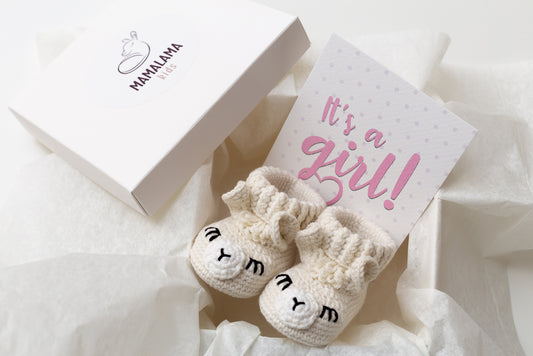 It's a Girl Llama booties gift box Cream