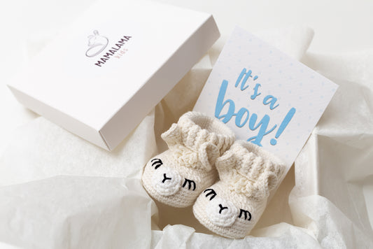 It's a Boy Llama booties gift box Off White