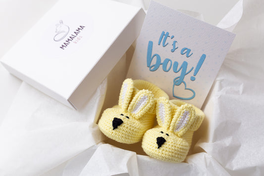 It's a Boy Bunny booties gift box Yellow