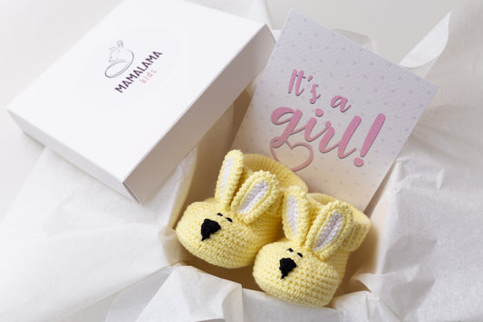 It's a Girl Bunny booties gift box Yellow