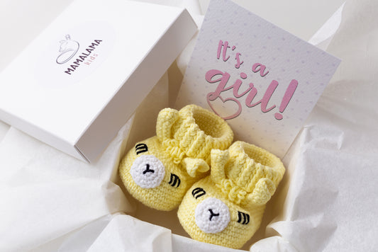It's a Girl Llama booties gift box Yellow
