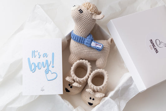 It's a Boy Llama toy & bunny booties gift box Beige