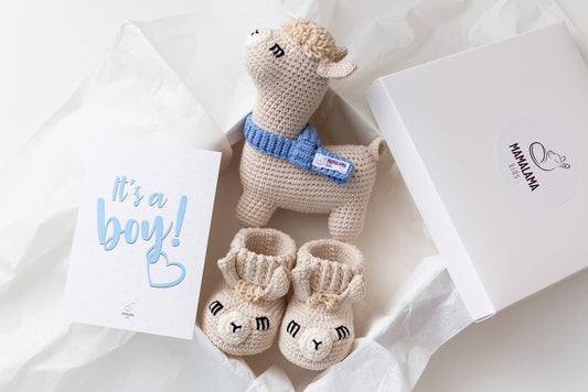 It's a Boy Llama toy & booties gift box Beige